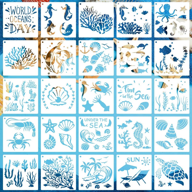 Resflyar 25 PCS Sea Ocean Creatures Stencils Ocean Templates for Painting Sea Animal DIY Pattern Templates Mermaid Stencils for Wall Floor Wood Scrapbooking Drawing Tracing Crafts Projects 5.9 x 5.9 Inch - Image 1